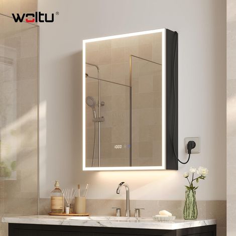 WOLTU – Mobile  bagno a parete con specchio – con Ingranditore 3x, Funzione Antiappannamento, luce LED – Nero [Classe di efficienza energetica F] (1/5)