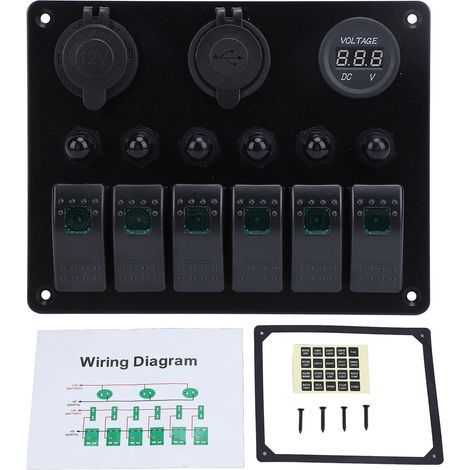 Panneau d'interrupteur à bascule DC 12-24 V 6 gangs, protection contre les surcharges, double chargeur USB avec affichage du voltmètre numérique pour bateaux, yachts, voitures, camping-cars, SUV, lumi (1/5)