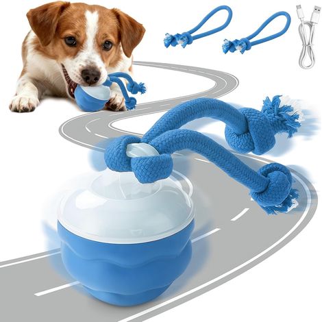 Balle Interactive Chiens, Balle pour Chien-Intelligent Rechargeable, Jouet pour Chien Interactif avec Deux Cordes à Mâcher, 3 Vitesses Réglables pour Petits Chiens (Bleu)