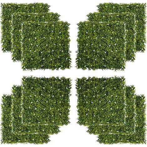 Outsunny 12PCS Artificial Boxwood Wall Panels 50cm x 50cm Grass Privacy Fence Screen Faux Hedge Greenery Backdrop Encrypted Milan Grass with White Flowers for Home Garden Backyard Balcony