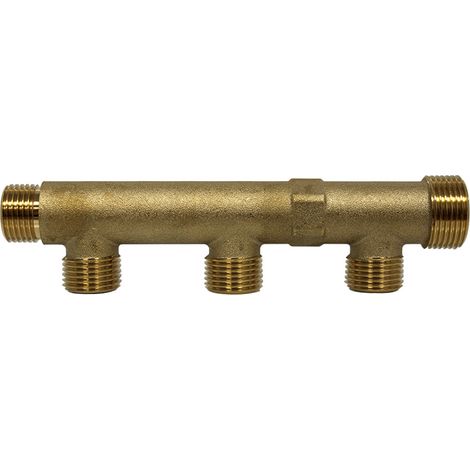 Arcanaute – Nourrice sanitaire matricé 3 départs 1/2" – Arrivée Mâle 3/4" et Femelle 1/2" – Entraxe 50mm – Laiton CW617N (1/4)