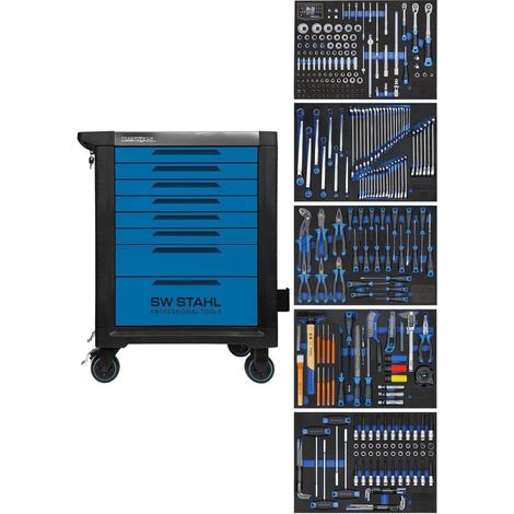 Chariot d'atelier professionnel SW-Stahl Z3110 TT801 bleu I 8 tiroirs I 5 tiroirs remplis I 341 pièces I chariot d'atelier équipé d'outils I twin-lock I kit chariot d'atelier I entièrement équipé