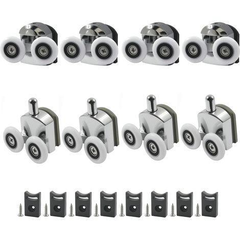 Ersatzrollensatz für Duschkabinentüren, 8 Aluminiumlegierungsräder, 23 mm, mit Pufferblöcken und Schrauben, geeignet für gebogene und Glastüren. (1/4)