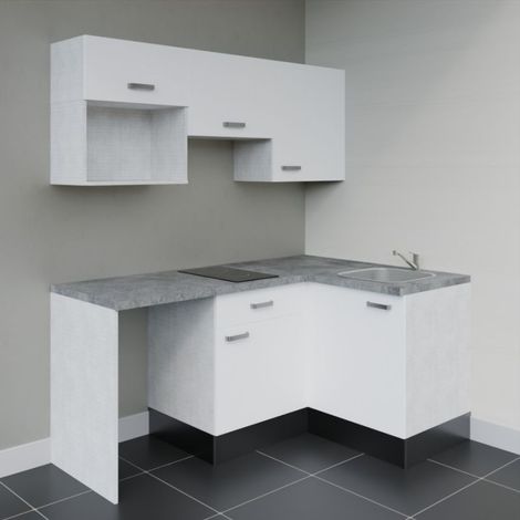 Kitchenette d'angle KA03L-PT avec plan de travail et évier - Façade Blanc - Plan Gris béton - Evier Inox - Crédences Non