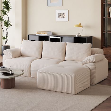 Canapé d'angle convertible 180x20x20 cm, canapé de salon modulaire en L sans montage, velours côtelé et mousse haute densité, Beige (1/5)