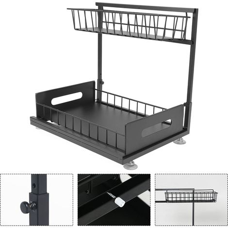 Boîte de rangement pour évier, boîte de rangement pour meuble, boîte de rangement coulissante avec tiroirs, étagère de salle de bain multifonctionnelle à 2 niveaux de couleur noire, adaptée au rangeme (1/5)