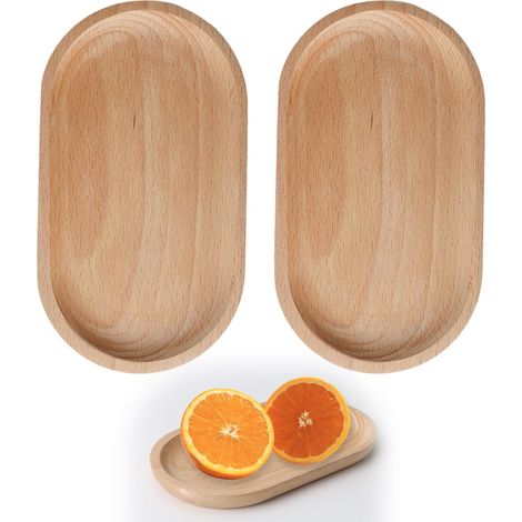 Due vassoi ovali in legno massello di faggio con bordi, piccoli pezzi di legno per dessert, snack, torte e vassoi decorativi da cucina, 18 x 10 cm. (1/4)