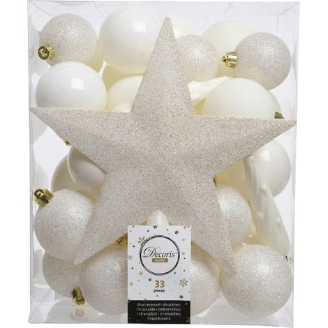 Kaemingk Weihnachtskugeln bruchfest, langlebig, wollweiß 33 Kugeln + Stern Christbaumschmuck