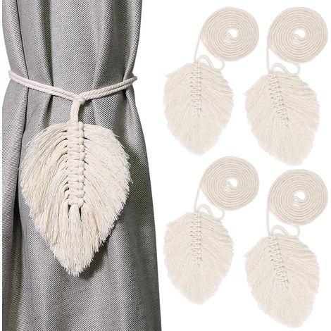 Rideaux Boho à Lacets, 4 Attaches en Macramé Coton, Crochets Muraux pour Tringle, Support de Voilage en Corde, Couleur Beige, Deco Naturelle (1/5)
