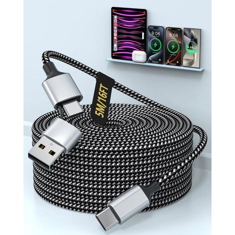 Câble de charge extra long 3-en-1-KAL-5M,60W,multi-embout USB-C/Lightning/USB-C,nylon tressé,charge rapide (1/5)