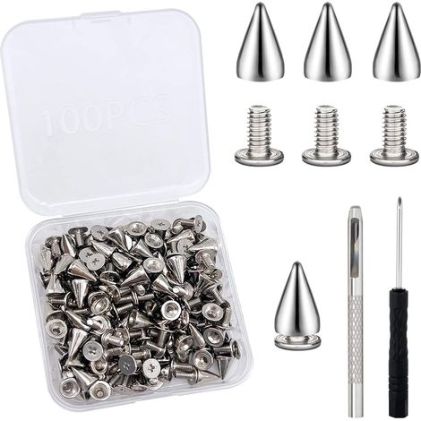 100 Pièces Rivets Cône avec Perceuse et Tournevis, Spikes, Clous pour Vêtements, Métal Clous Rivets Spike Stud, Pointe Rivet Décoratif pour Vêtements, Cuir, Sacs, Artisanat en Cuir (1/5)