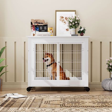 Cage niche meuble pour chien blanc 80x56x69,5cm double porte toit ouvrant roulettes, meuble déco discret combinant table et niche canine (1/5)