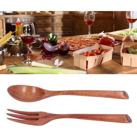 Un ensemble de deux pièces comprenant une cuillère et une fourchette en bois avec un manche triangulaire. (1/5)