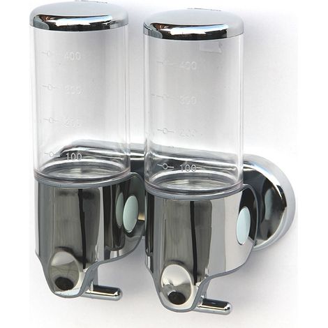 Dispensador de jabón de pared de 450 ml, dispensador de jabón de manos de doble cabezal, dispensador de champú líquido y gel de ducha para cocina, baño y hotel (transparente) (1/4)