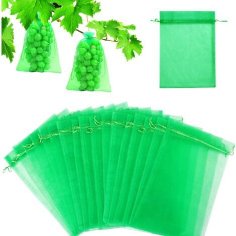 Sac Protection Fruits 60 Pièces, Sachet Protection Raisin 20x 30cm Jardin Sac Organza avec Cordon Contre Guêpe Drosophile Scarabées Oiseaux (Vert)