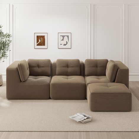 Sofá esquinero modular 297x177x69 cm marrón en pana con otomana y sin montaje (1/5)