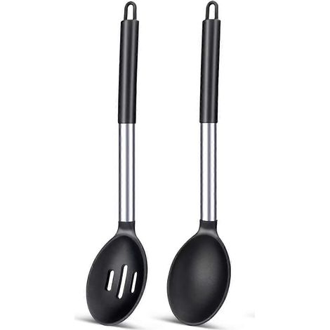 Lot de 2 grandes cuillères de cuisine en silicone, cuillères à badigeonner antiadhésives et résistantes à la chaleur, ustensiles de cuisine pour mélanger, servir, égoutter et remuer (noir) (1/5)