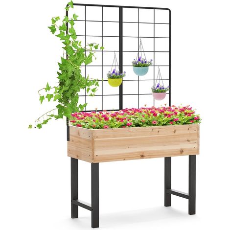 Jardinière Surélevée avec Treillis Métallique, Bac à Plantes Élevé en Bois avec Pieds pour Plante Grimpante Vigne Fleur Herbe Légume Fruit