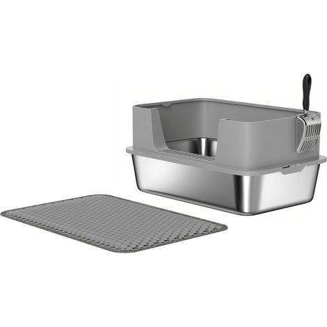 Litière pour chat en acier inoxydable, bac ouvert anti-débordement avec rebords hauts, tapis et pelle, gris, 60,2 x 40,2 x 29,5 cm – CHICFURN (1/5)