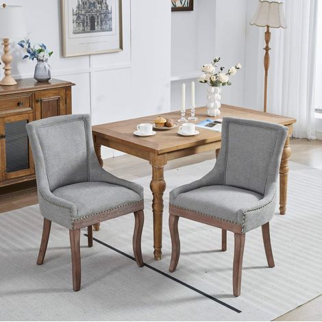 Sedia da pranzo in chenille grigia con schienale alto e gambe in legno massello,61×55×92.5cm (1/5)