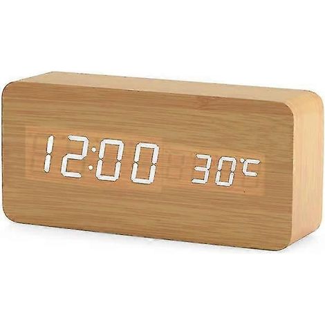 Horloge numérique en bois - Réveil LED multifonctionnel avec affichage de l'heure, de la date et de la température, et commande vocale (1/5)