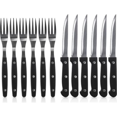 12-teiliges Besteckset für Steaks, Burger, Pizza, Fleisch und Grillgerichte, inklusive gezahntem Messer und Gabel