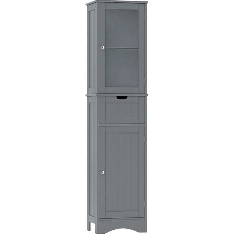 Gain de Place Meuble de Rangement Haut Colonne 2 Portes Verre Trempé et 1 Tiroir pour Salle de Bain Gris (1/5)