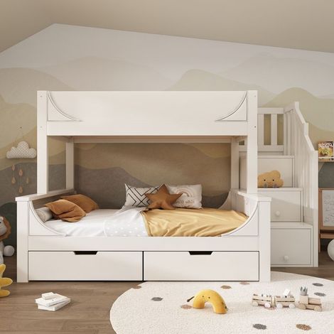 Lit superposé enfant - KOMHTOM - 90x140/200 Évolutif - armoire intégrée - tiroirs roulants - sommier à lattes inclus (1/5)