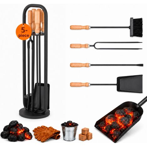 Relaxdays fire tool set, 5-piece, poker, shovel, ash brush, tongs, wooden handles, fireplace kit, black/natural (1/5)