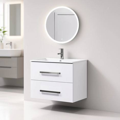 Meuble Salle de Bains avec vasque/lavabo sous vasque suspendre Chania 60 Blanc brillant, 1 Miroir Rond 60 avec LED (1/5)