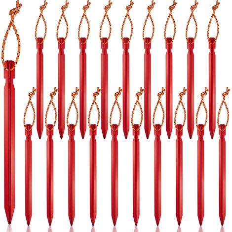 Lot de 20 sardines de tente en aluminium - 18 cm - Résistants aux tempêtes - Avec corde - Piquets de tente - Pour camping et jardin (rouge) (1/5)