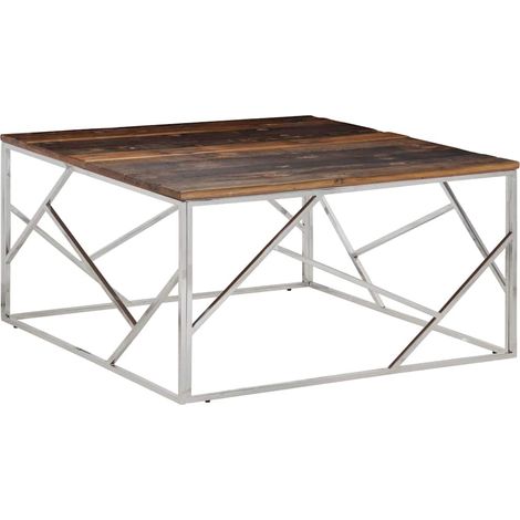 vidaXL Table basse argenté acier inoxydable et bois de mélèze massif (1/5)
