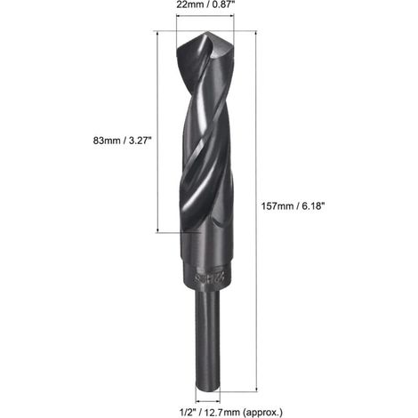 Foret hélicoïdal à queue réduite (22 mm), en acier rapide HSS 9341, revêtement en oxyde noir, 1/2 pouce