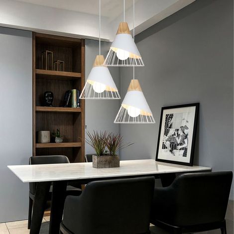 Lot de 3 Industriel Lustre Suspension Créatif Abat-jour Ø25cm en Forme Badminton en Métal et Bois Plafonnier Lampe E27 pour Chambre Salon Cuisine Blanc (1/5)