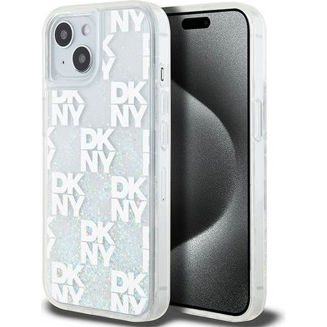 Funda rígida blanca DKNY DKHCP15SLCPEPT para iPhone 15/14/136,1", con purpurina líquida y logotipo múltiple. (1/5)