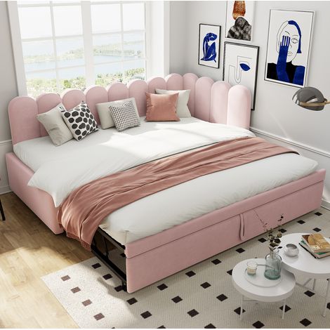 Sofá cama en L (204.5x188.5x88 cm), convertible en cama doble, cama nido extraíble, terciopelo, rosa (1/5)