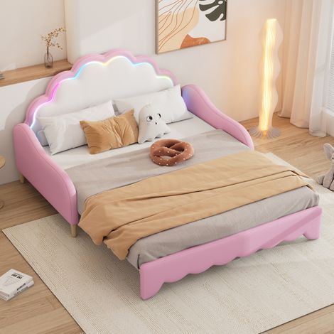 Lit canapé convertible 140 x 200 cm rose en cuir régénéré et MDF, tête de lit LED multicolore contrôlable par application – de FLORAGRACE pour chambre (1/5)