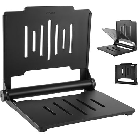 Siège de Douche Rabattable Mural, Tabouret de Salle de Bains avec Dossier, Plastique et Cadre en Acier Inox, Chaise de Douche Antidérapante pour Personnes Âgées Handicapées, Charge 180 kg, Noire (1/5)