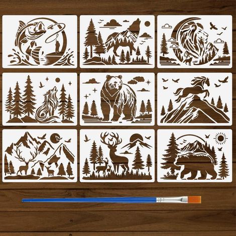 9 Pièces Pochoirs d'Animaux de la Forêt avec Pinceau 21x29,7cm Pochoir Paysage Forestier Pochoirs Animaux Sauvages Pochoir Artisanal Thème Animal pour Mur Bois Meuble DIY Décor Maison (1/5)