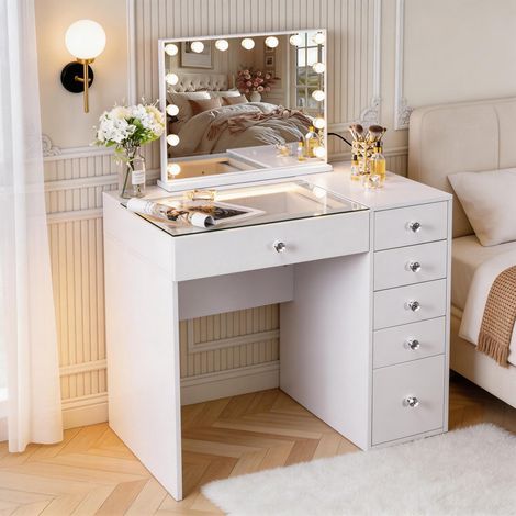 FENCHILIN Dressing table with LED lighting, dimmable, 6 drawers, 92 x 81 x 55 cm, including a vanity mirror, white