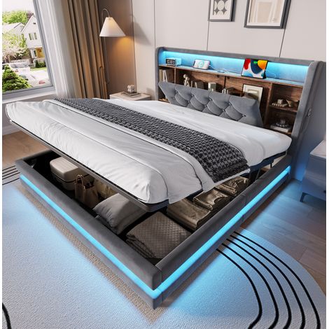 Letto imbottito 140x200 cm grigio scuro in velluto con contenitore idraulico, LED e prese USB-C (1/5)