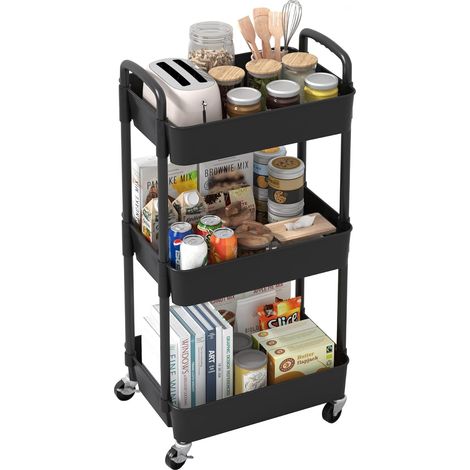 Chariot de Rangement 3 Niveaux - 1 Unité - Plastique et Métal - Mobile avec Roues Pivotantes - Cuisine Bureau Salon - 39x29x76cm Noir (1/5)