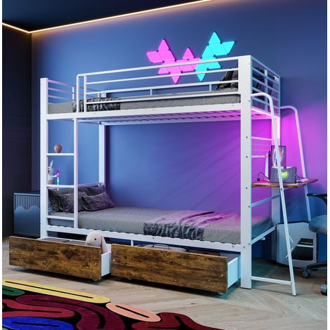 Lit mezzanine blanc 90x200 bureau LED rangement tiroir métal (1/5)