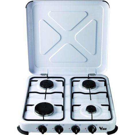 Vigor 98010-04 Fornello a Gas GPL 4 fuochi con coperchio acciaio verniciato griglia smaltata colore Bianco