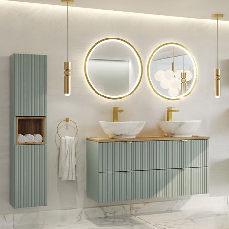 Conjunto de muebles con doble lavabo 120cm 4 cajones y columna Jade Verde y Madera