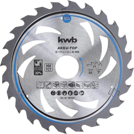 kwb Kreissägeblatt 173 x 30 mm, leichtgängig, speziell für Akkumaschinen, Sägeblatt geeignet für Weich- und Hartholz, Tischlerplatten und Spanplatten (1/5)