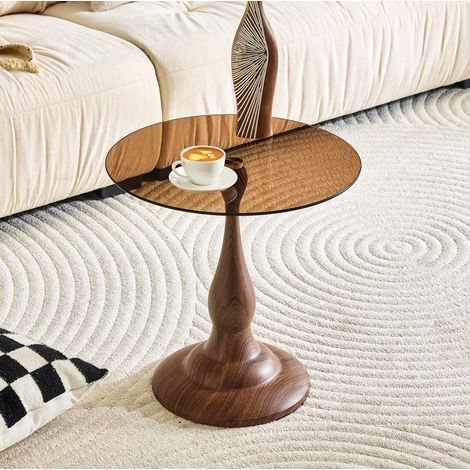 Mesa de centro redonda de vidrio templado marrón con base metálica (1/5)