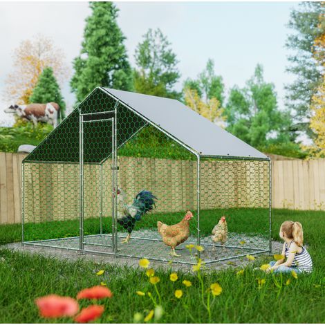 Enclos pour poules 3 x 1,5 x 2 m en acier galvanisé, toit PE, porte avec serrure, argent (1/5)