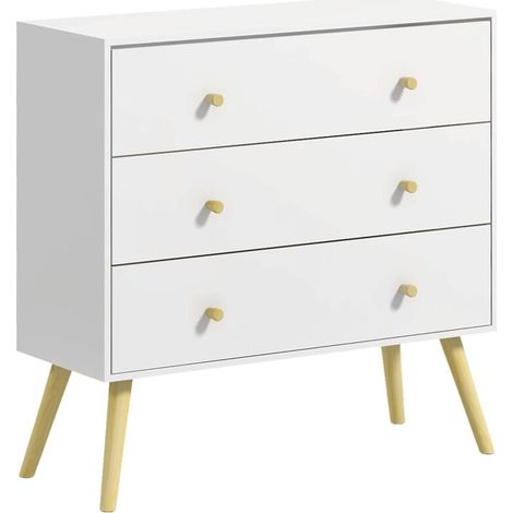 Commode 3 tiroirs design scandinave piètement effilé incliné bois pin panneaux blanc80 x 30 x 80 cm blanc