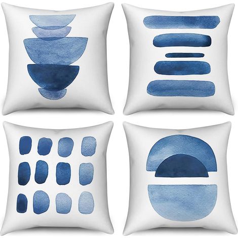 Housse de Coussin Bleu 40x40 Set de 4, Boho Abstrait Bleu Marine Géométrique Décoratif Housses de Coussins Minimaliste Moderne Art Esthétique Housse de Coussin en Lin pour canapé Home Decor (1/5)